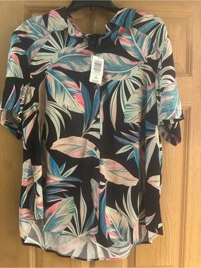 torrid Black Tropical Leaf Print Blouse with Pink & Blue Accents